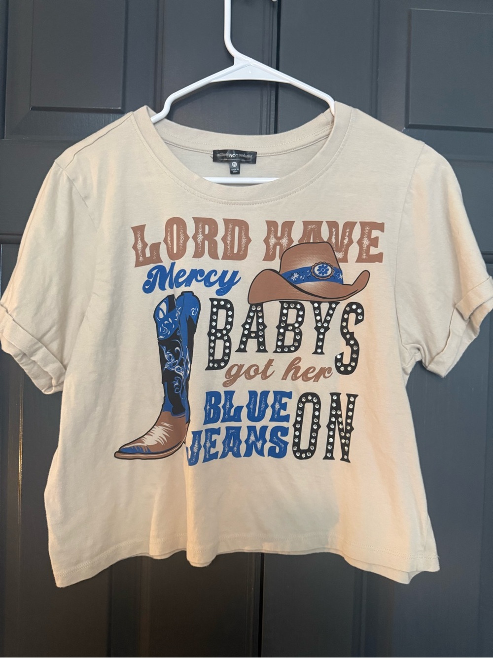 Womans Beige Graphic Tee with Blue Western Print